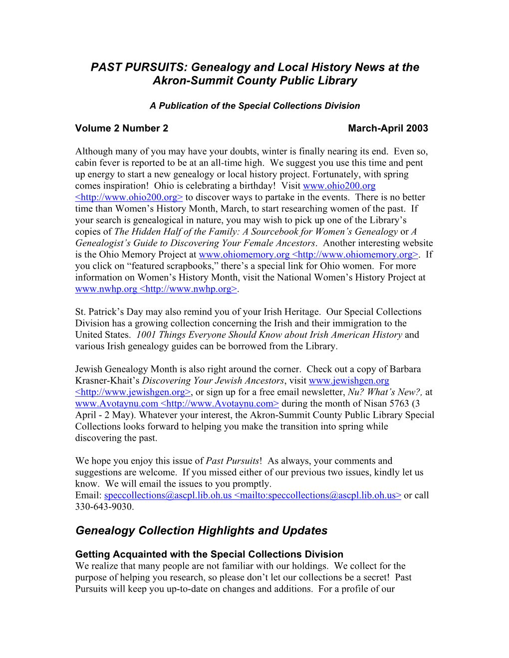 PAST PURSUITS: Genealogy and Local History News at the Akron-Summit County Public Library