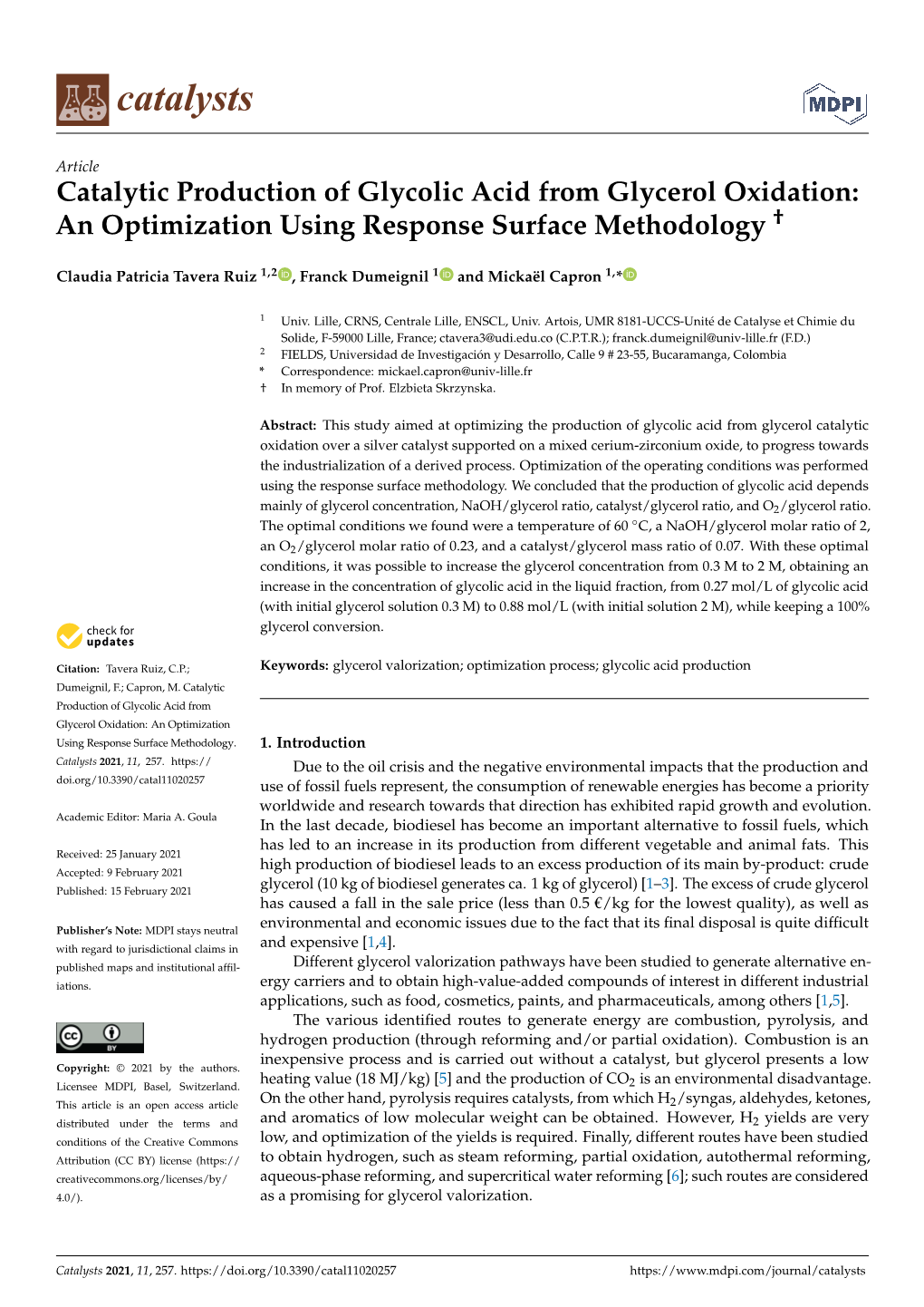 Catalytic Production of Glycolic Acid from Glycerol Oxidation: an Optimization Using Response Surface Methodology †