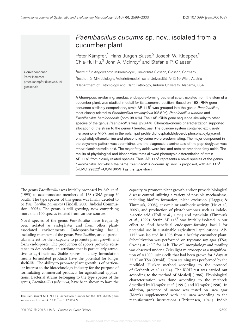 Paenibacillus Cucumis Sp. Nov., Isolated from a Cucumber Plant Peter Kampfer,€ 1 Hans-Jürgen Busse,2 Joseph W