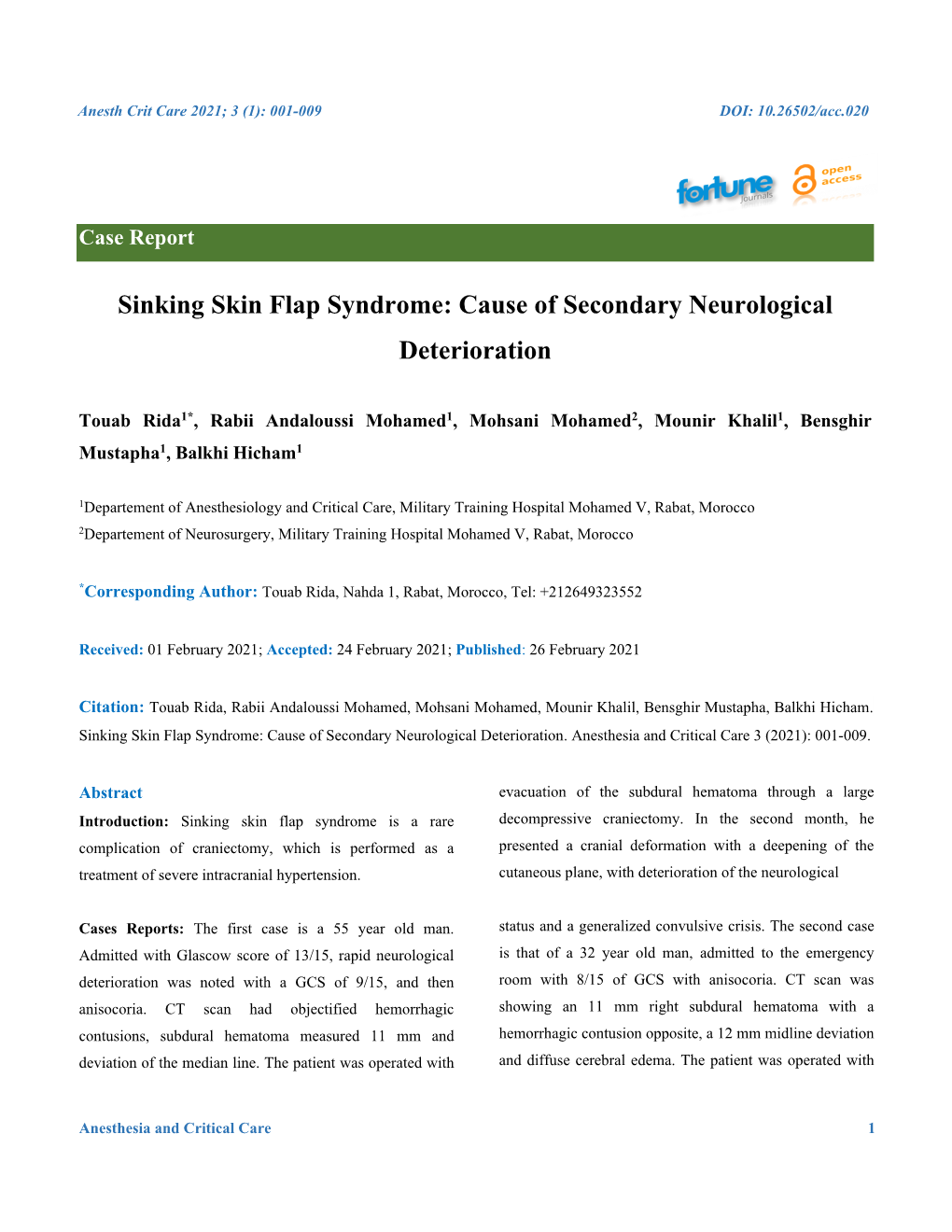 Sinking Skin Flap Syndrome: Cause of Secondary Neurological Deterioration
