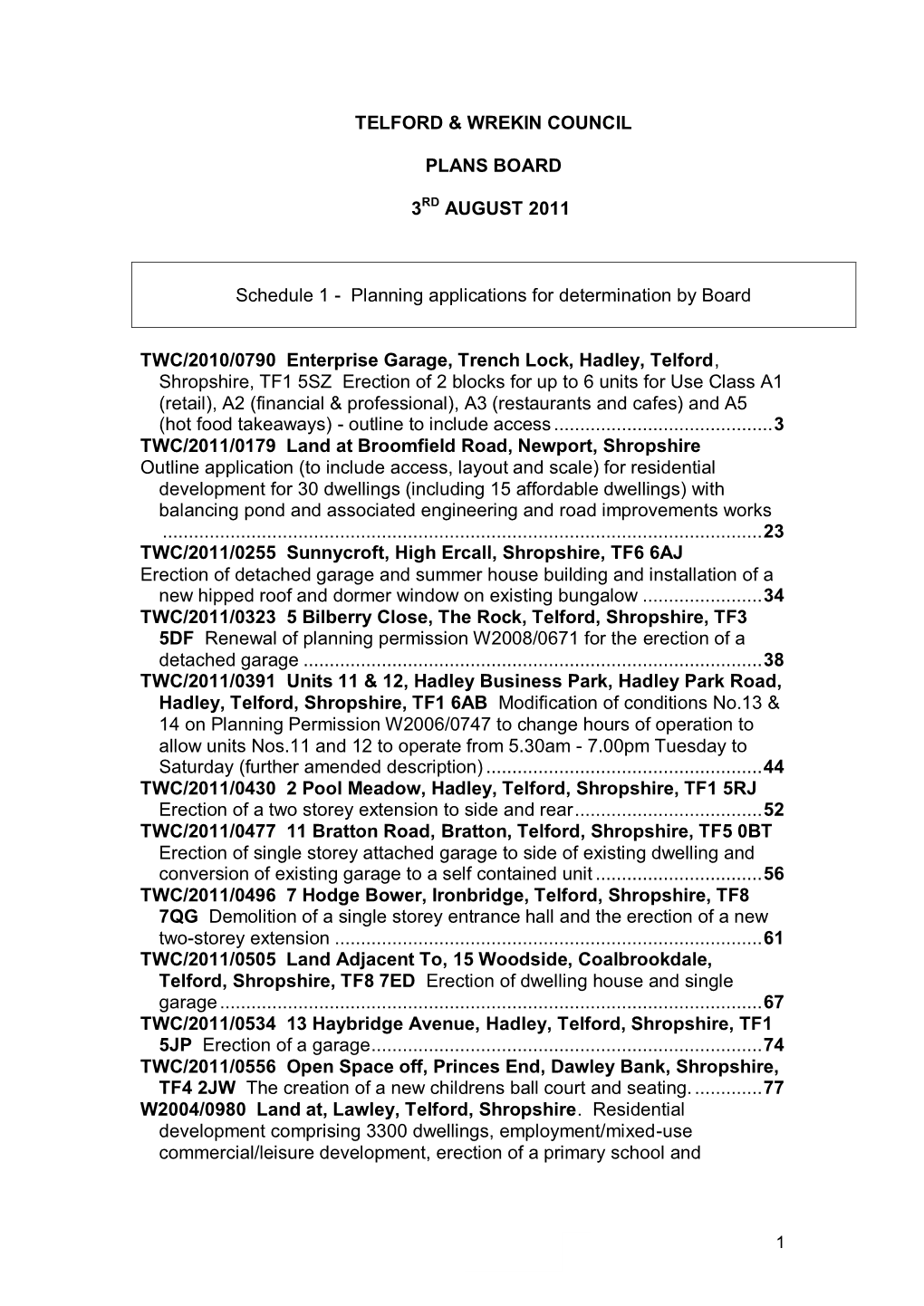 Telford & Wrekin Council Plans Board 3Rd August