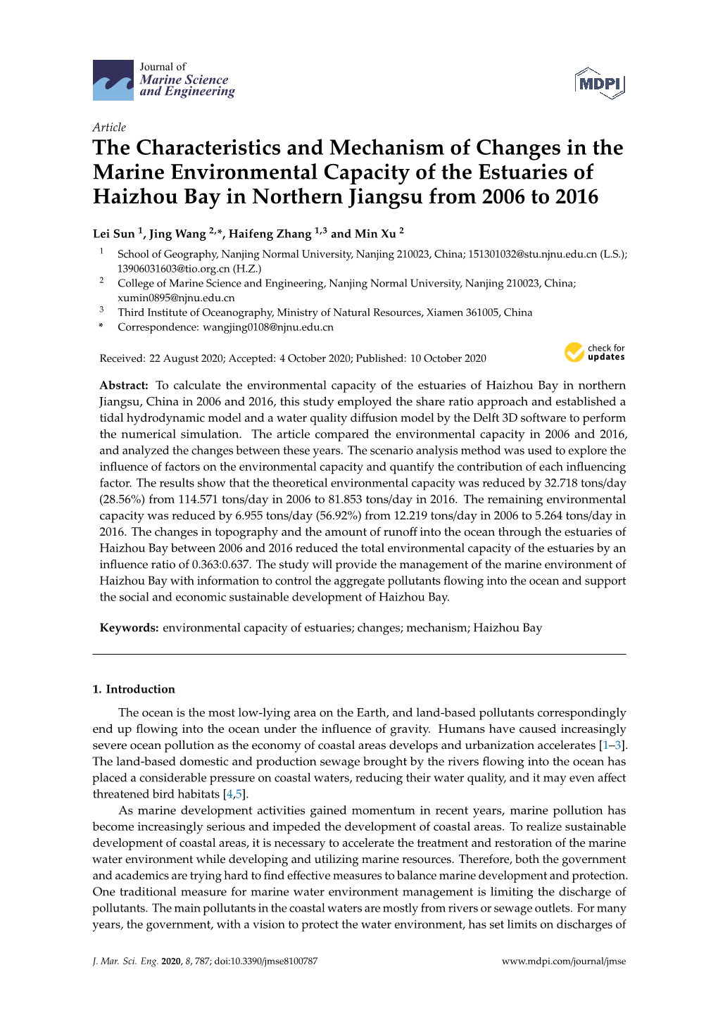 The Characteristics and Mechanism of Changes in the Marine Environmental Capacity of the Estuaries of Haizhou Bay in Northern Jiangsu from 2006 to 2016