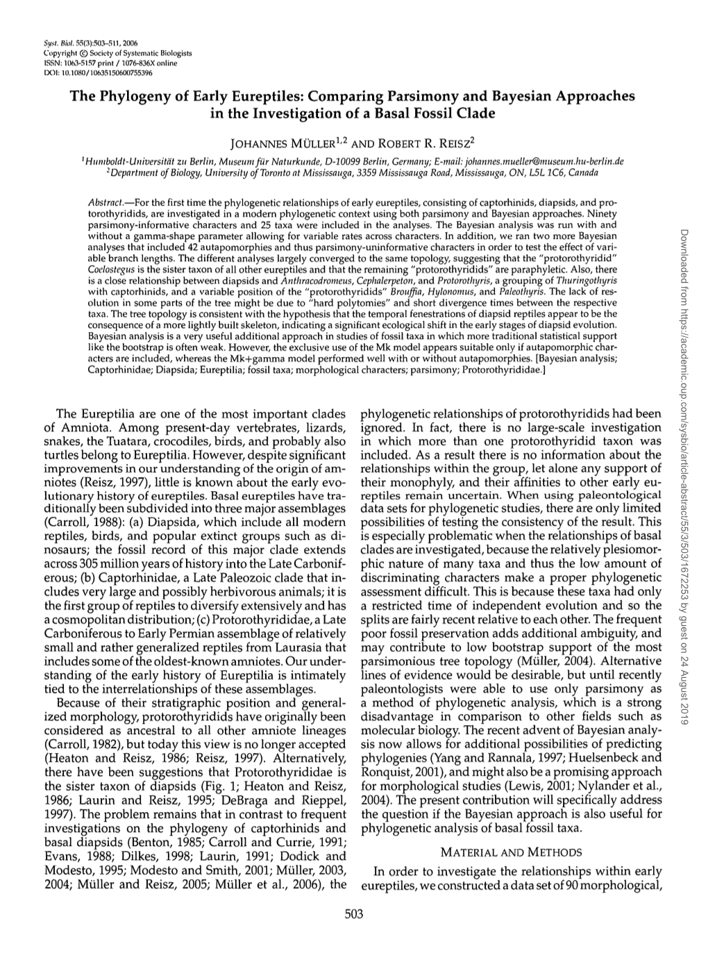 The Phylogeny of Early Eureptiles: Comparing Parsimony and Bayesian Approaches in the Investigation of a Basal Fossil Clade