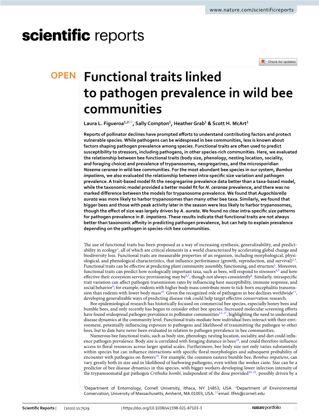 Functional Traits Linked to Pathogen Prevalence in Wild Bee Communities Laura L