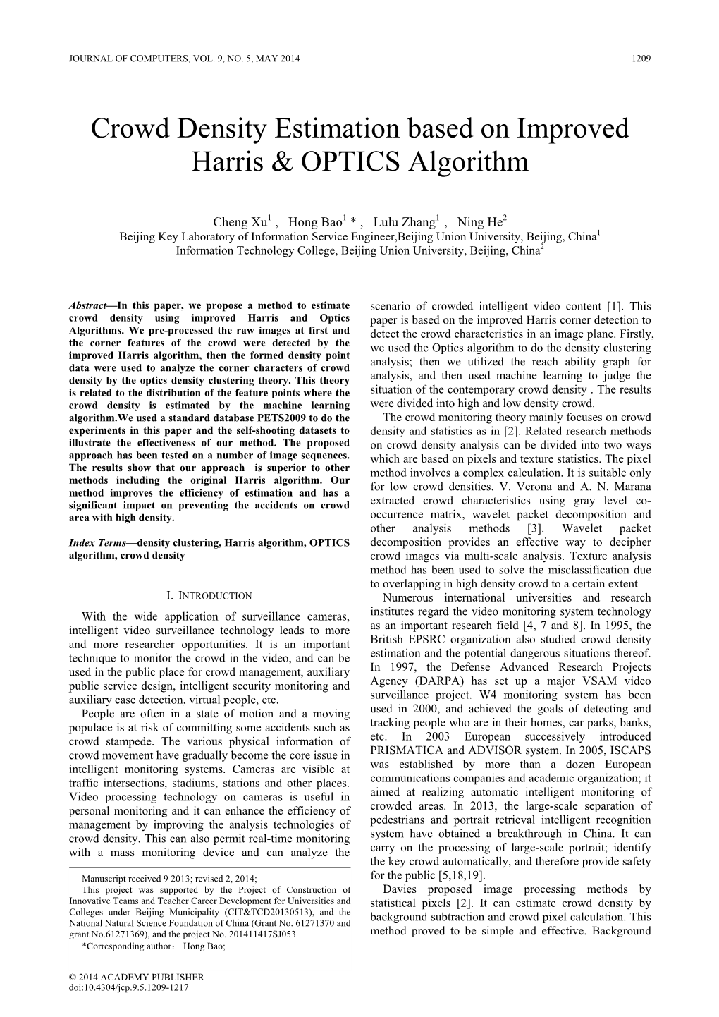 Crowd Density Estimation Based on Improved Harris & OPTICS Algorithm
