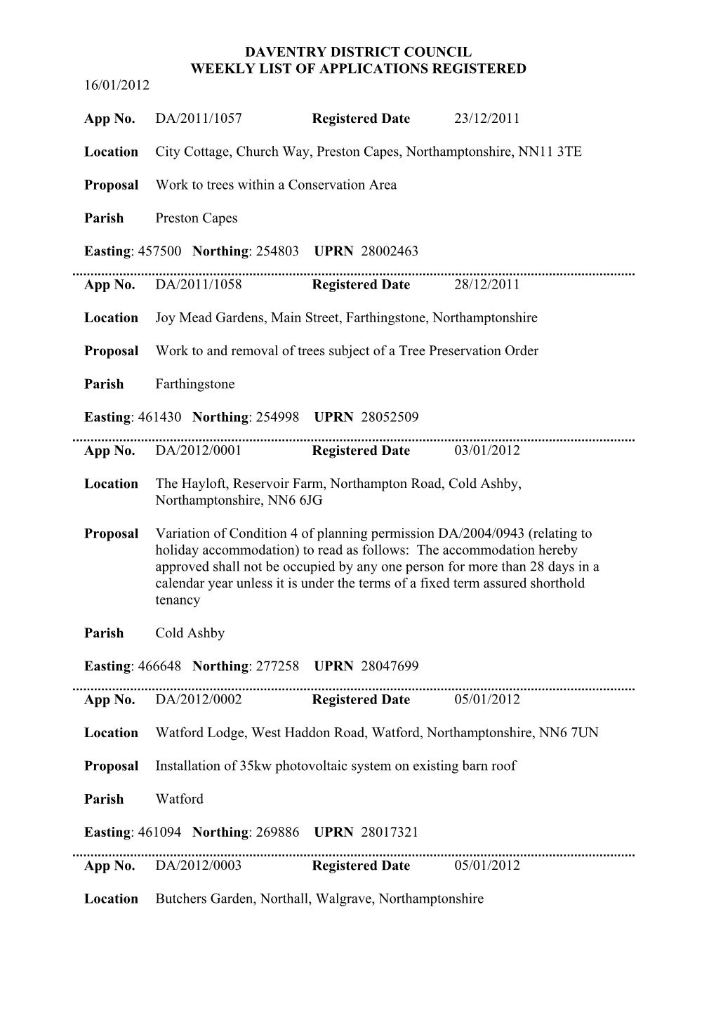 DAVENTRY DISTRICT COUNCIL WEEKLY LIST of APPLICATIONS REGISTERED 16/01/2012 App No. DA/2011/1057 Registered Date 23/12/2011 Loca