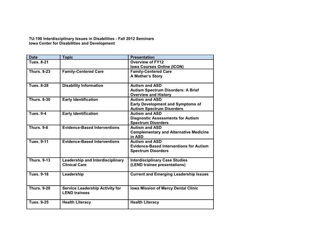 7U:190 Interdisciplinary Issues in Disabilities - Fall 2012 Seminars