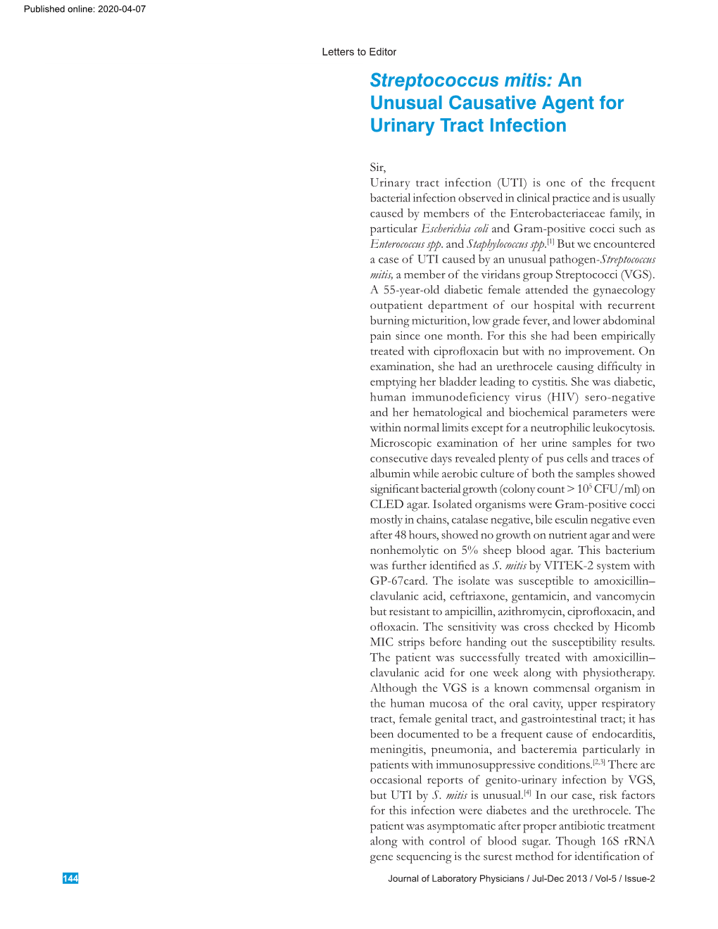 Streptococcus Mitis: an ',$%(7,&6$03/(  Unusual Causative Agent for ('7$ Urinary Tract Infection  +(3$5,1