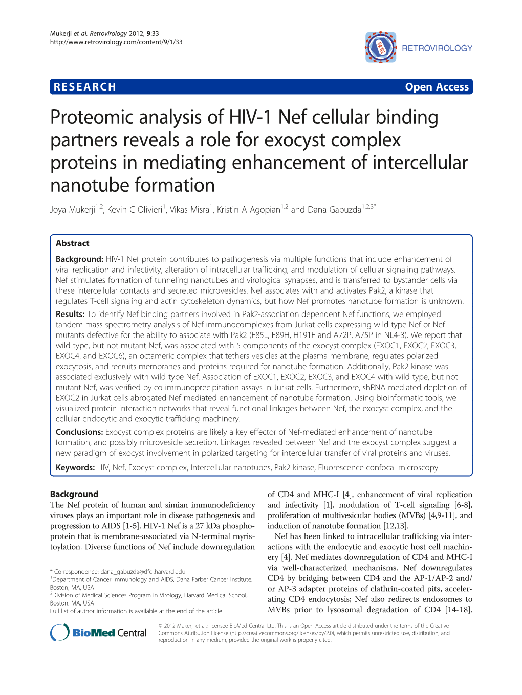 Proteomic Analysis of HIV-1 Nef Cellular Binding Partners Reveals A