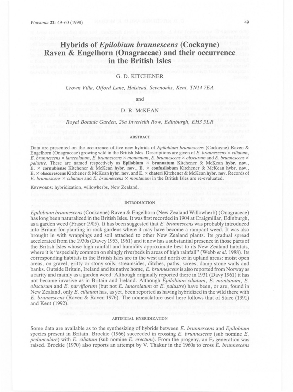 Hybrids of Epilobium Brunnescens (Cockayne) Raven & Engelhorn (Onagraceae) and Their Occurrence in the British Isles