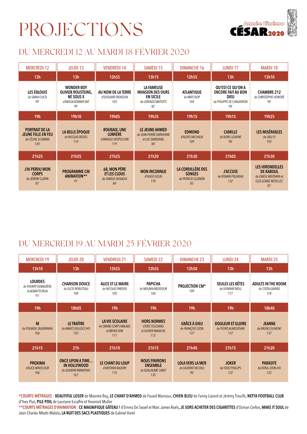 Projections Du Mercredi 12 Au Mardi 18 Février 2020