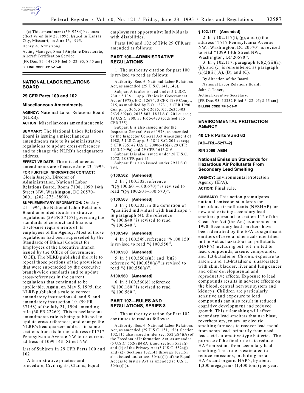 Federal Register / Vol. 60, No. 121 / Friday, June 23, 1995 / Rules and Regulations 32587