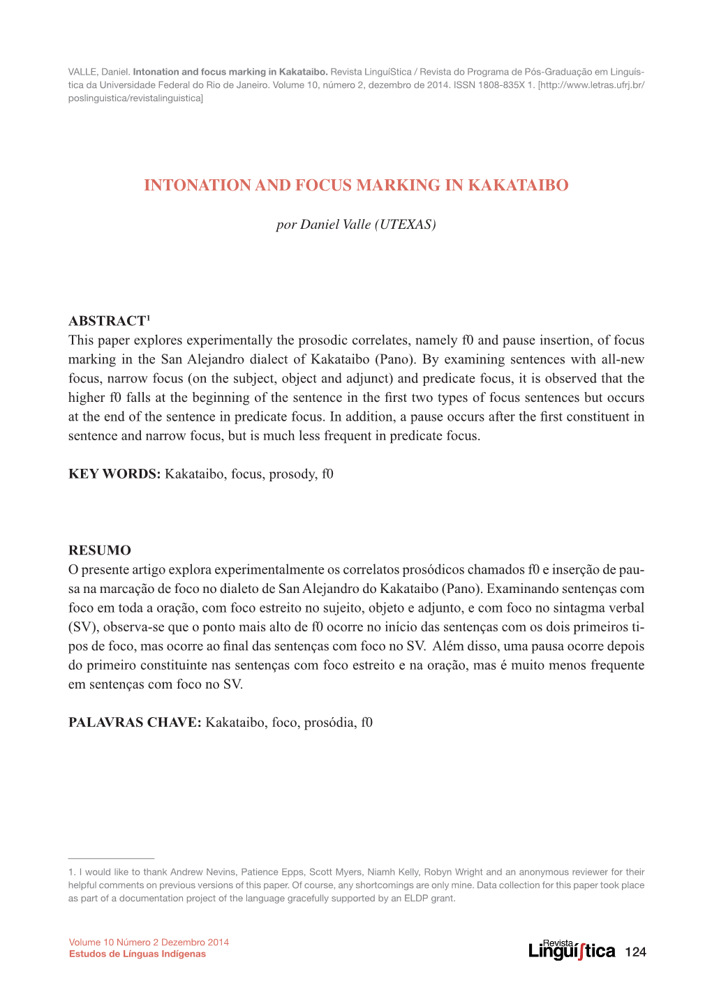 Intonation and Focus Marking in Kakataibo