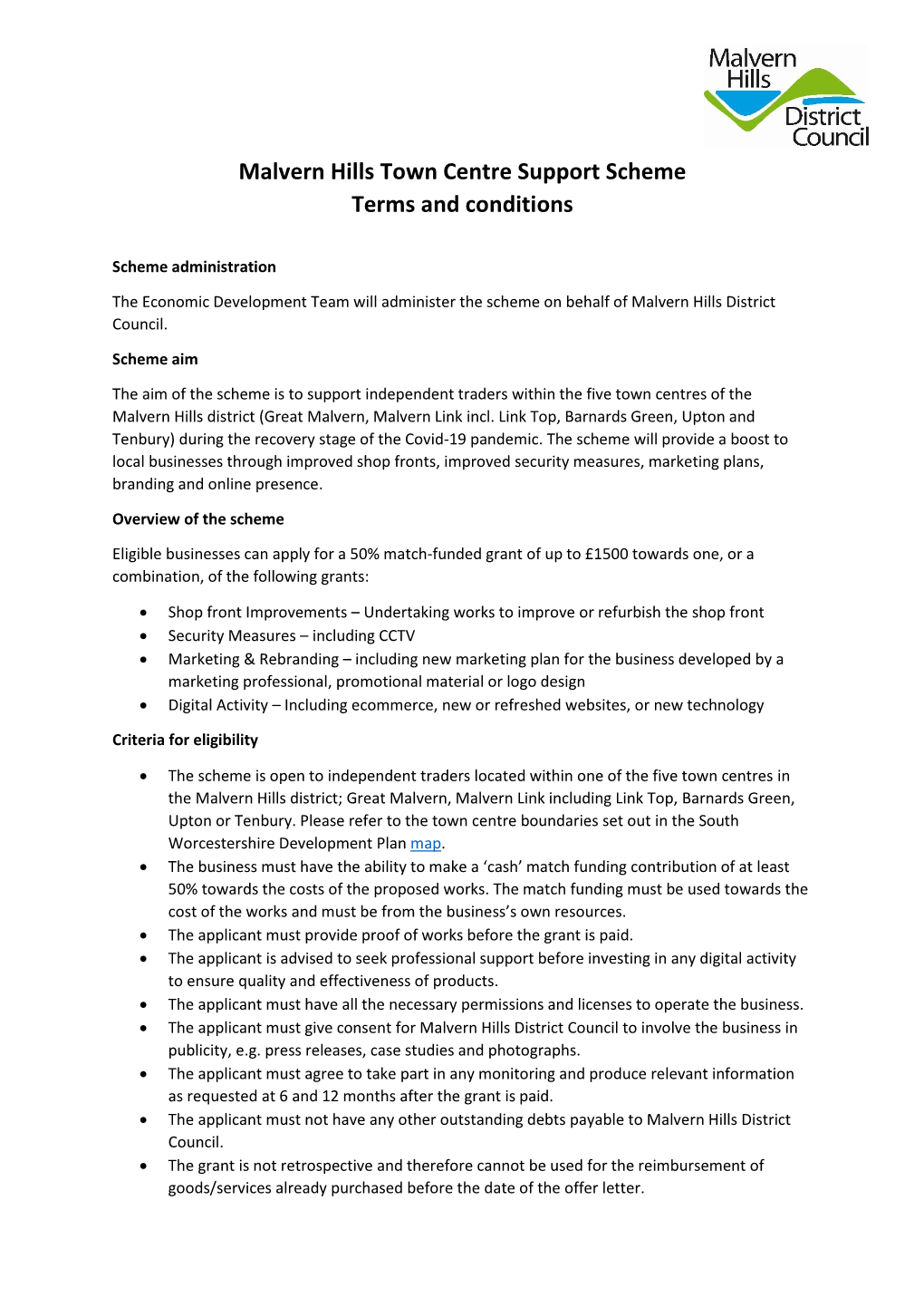 Malvern Hills Town Centre Support Scheme Terms and Conditions