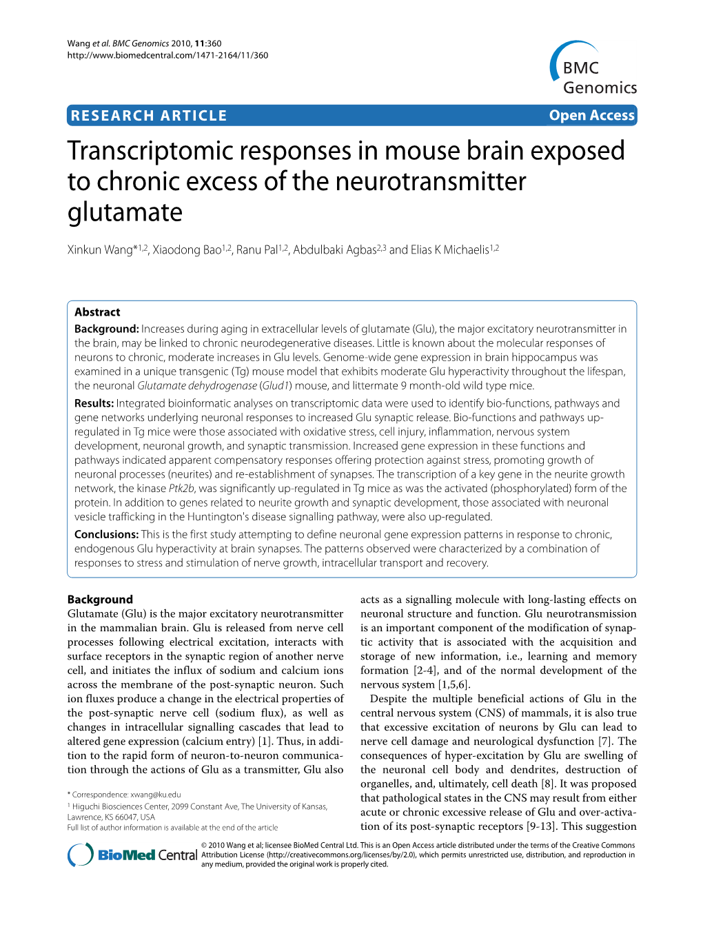 Transcriptomic Responses in Mouse Brain Exposed to Chronic Excess of the Neurotransmitter Glutamate BMC Genomics 2010, 11:360