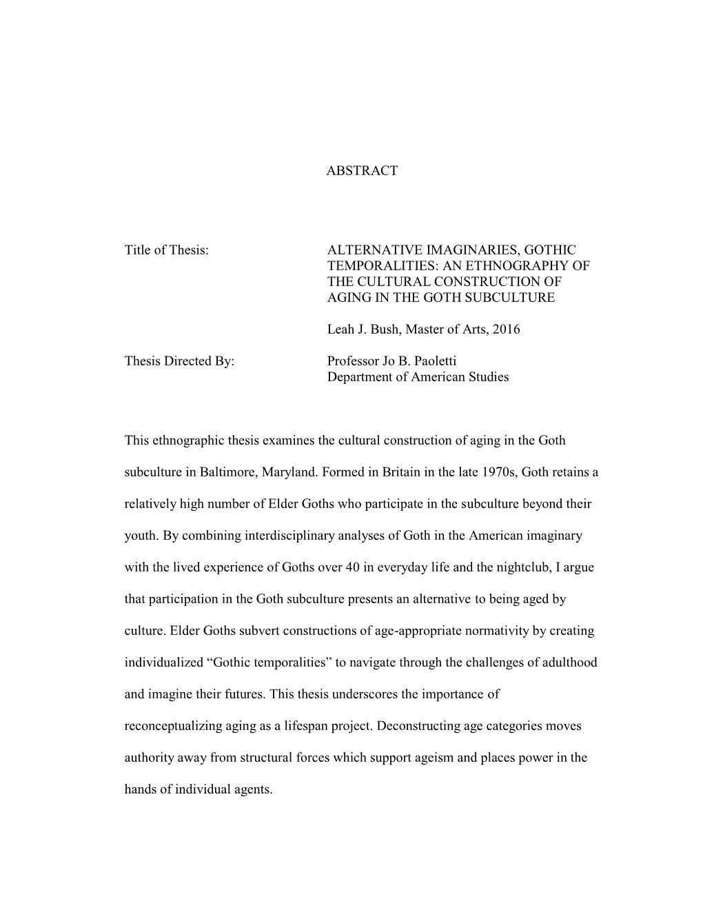 Alternative Imaginaries, Gothic Temporalities: an Ethnography of the Cultural Construction of Aging in the Goth Subculture