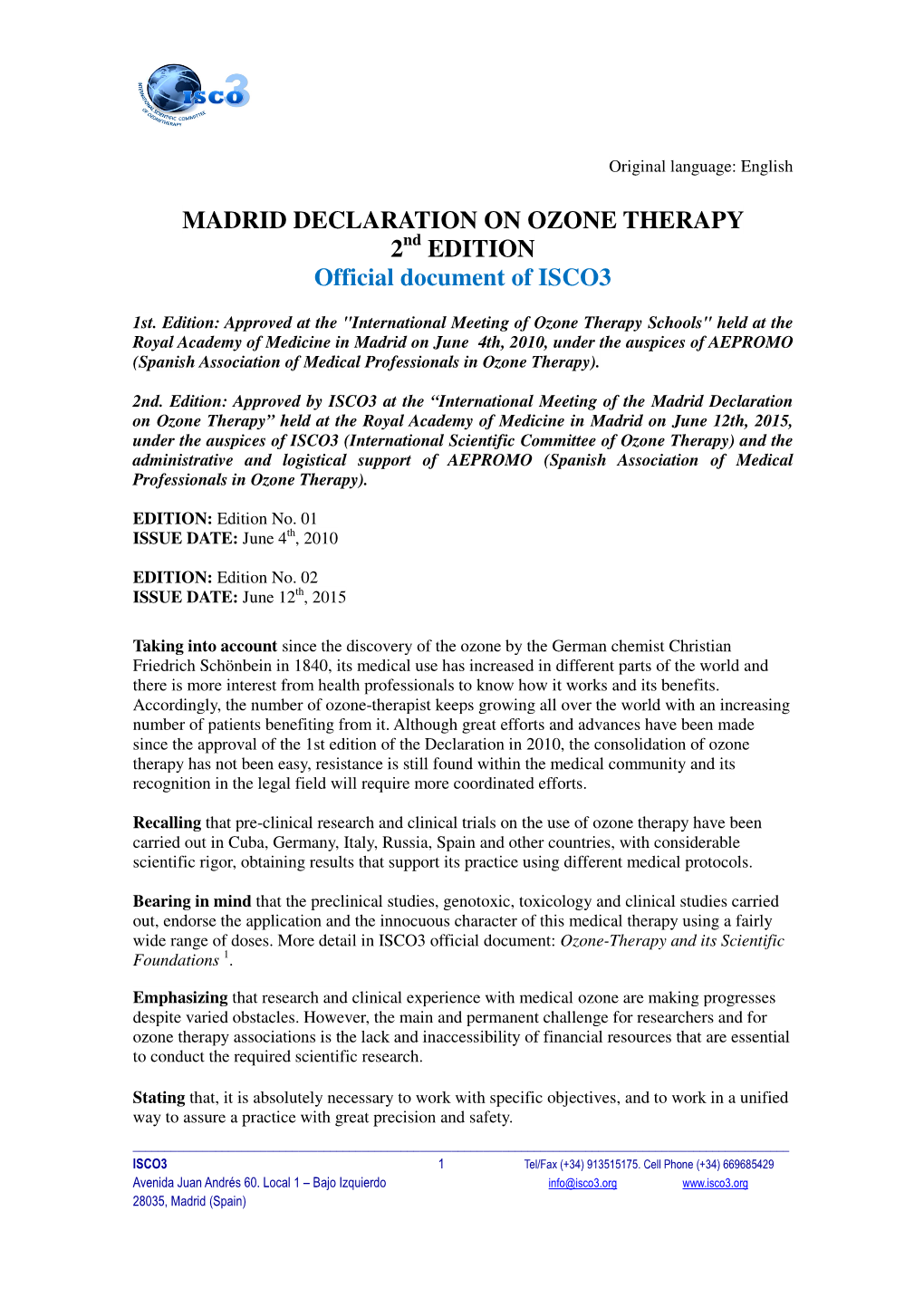 MADRID DECLARATION on OZONE THERAPY 2 EDITION Official