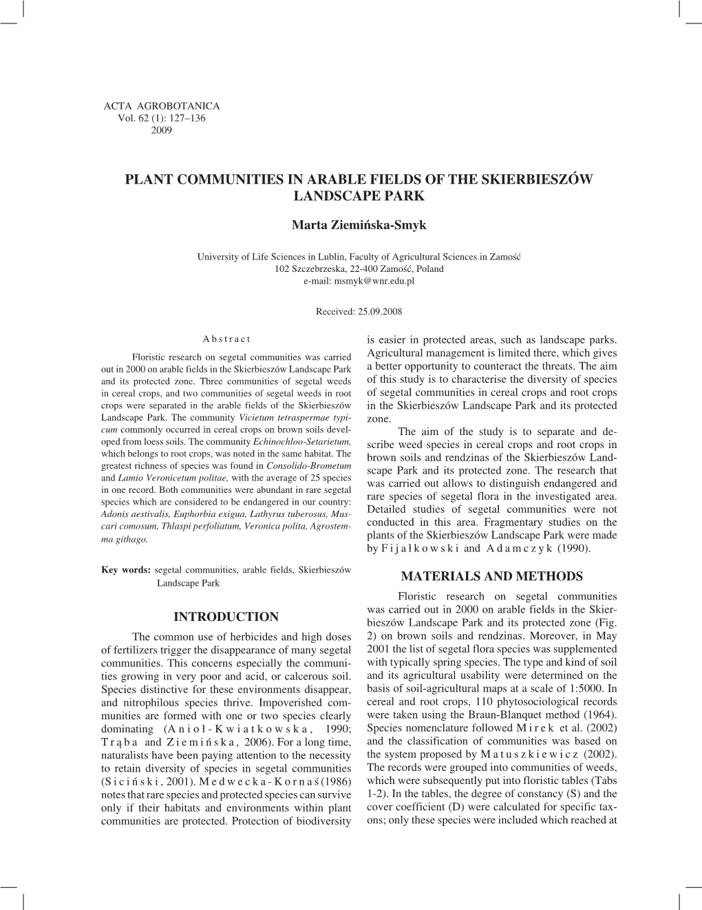 Plant Communities in Arable Fields of the Skierbieszów Landscape Park