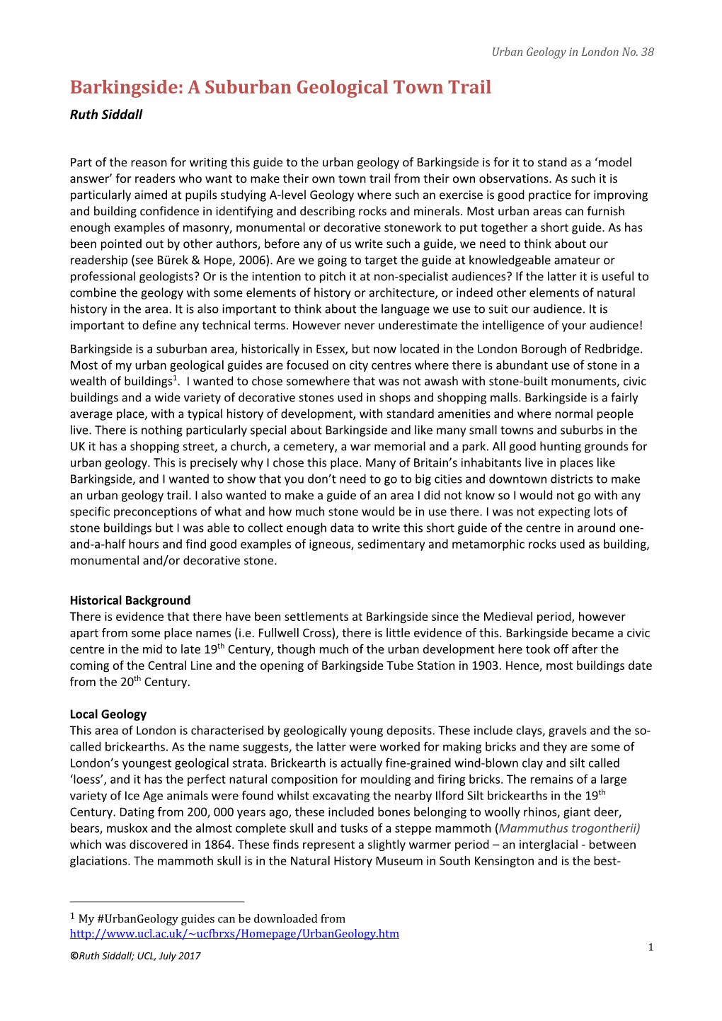 Barkingside: a Suburban Geological Town Trail Ruth Siddall