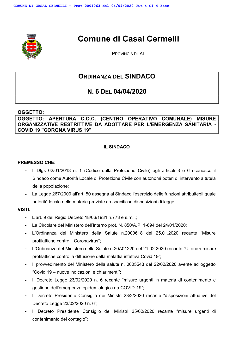 COMUNE DI CASAL CERMELLI - Prot 0001063 Del 04/04/2020 Tit 4 Cl 4 Fasc