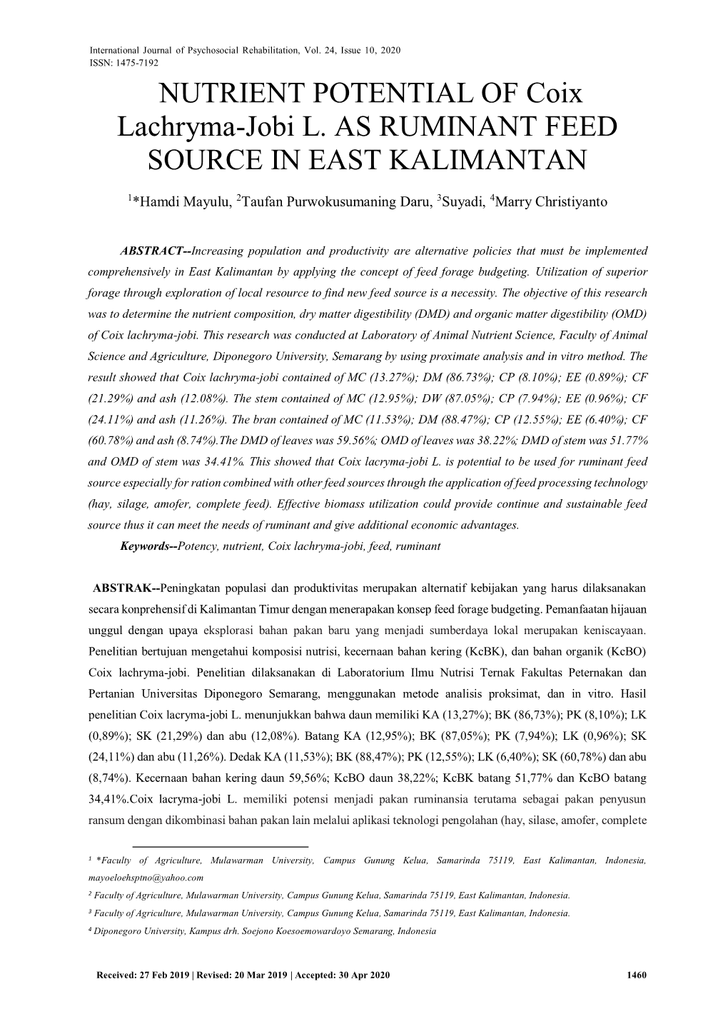 NUTRIENT POTENTIAL of Coix Lachryma-Jobi L. AS RUMINANT FEED SOURCE in EAST KALIMANTAN