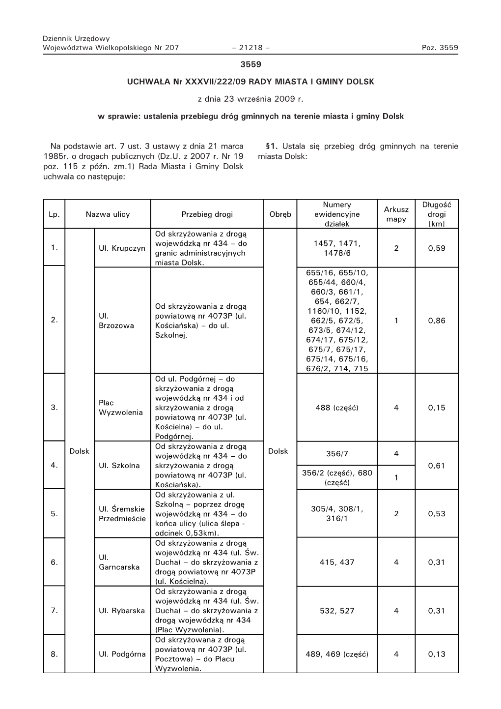 3559 UCHWAŁA Nr XXXVII/222/09 RADY MIASTA I GMINY DOLSK Z Dnia 23 Września 2009 R. W Sprawie: Ustalenia Przebiegu Dróg Gminn