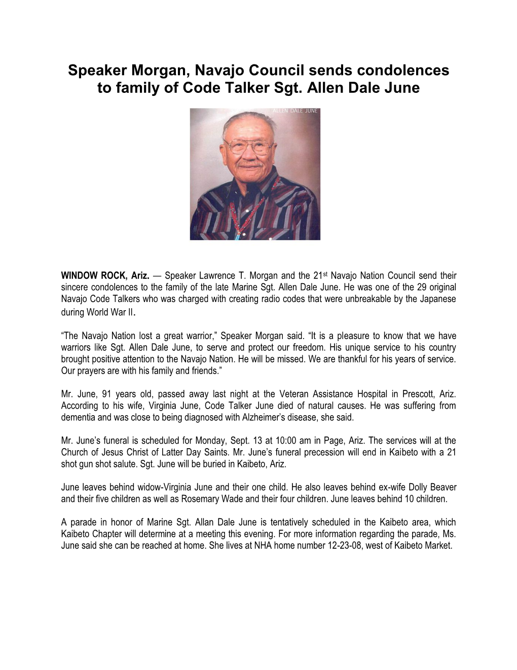 Speaker Morgan, Navajo Council Sends Condolences to Family of Code Talker Sgt