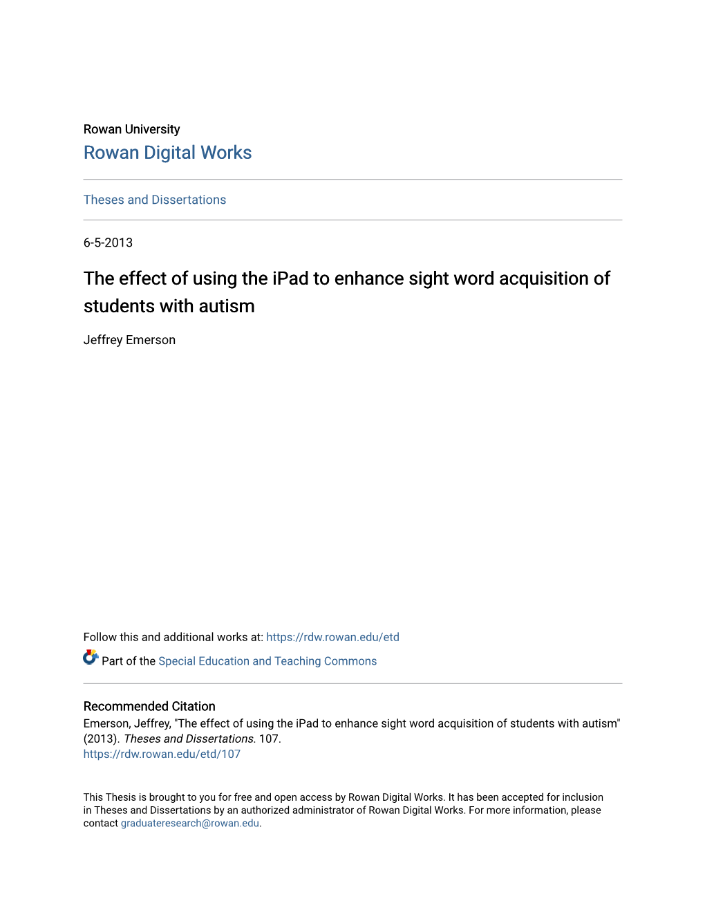 The Effect of Using the Ipad to Enhance Sight Word Acquisition of Students with Autism