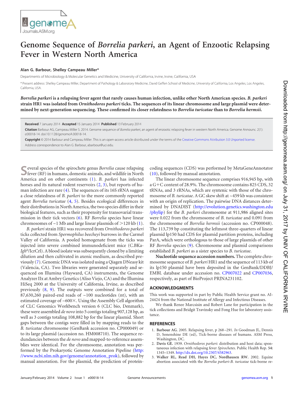 Genome Sequence of Borrelia Parkeri, an Agent of Enzootic Relapsing Fever in Western North America