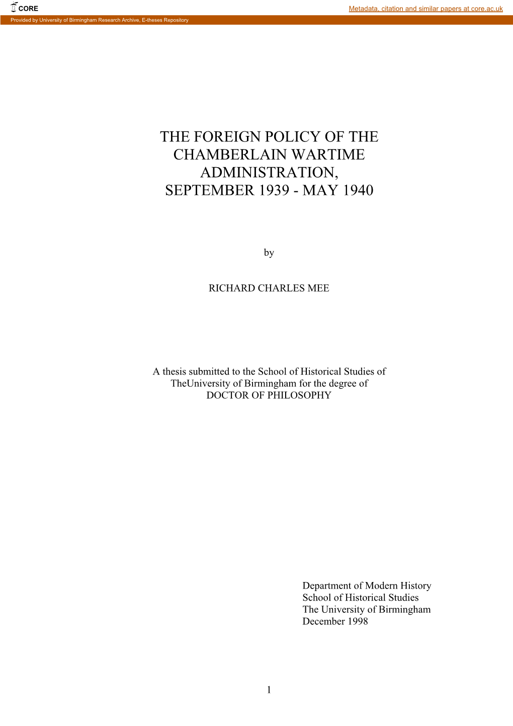 The Foreign Policy of the Chamberlain Wartime Administration, September 1939 - May 1940
