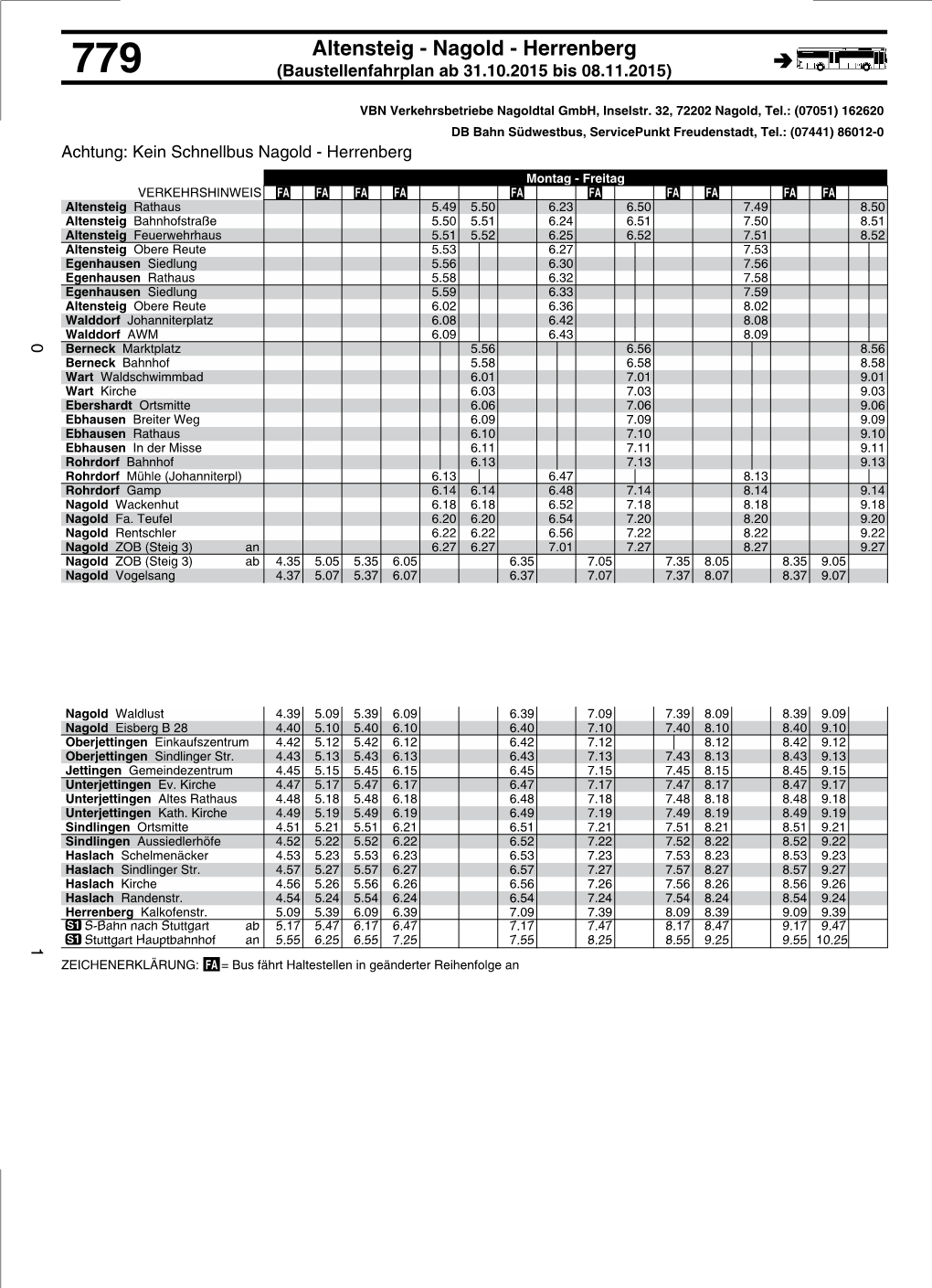 Altensteig - Nagold - Herrenberg 779 (Baustellenfahrplan Ab 31.10.2015 Bis 08.11.2015)