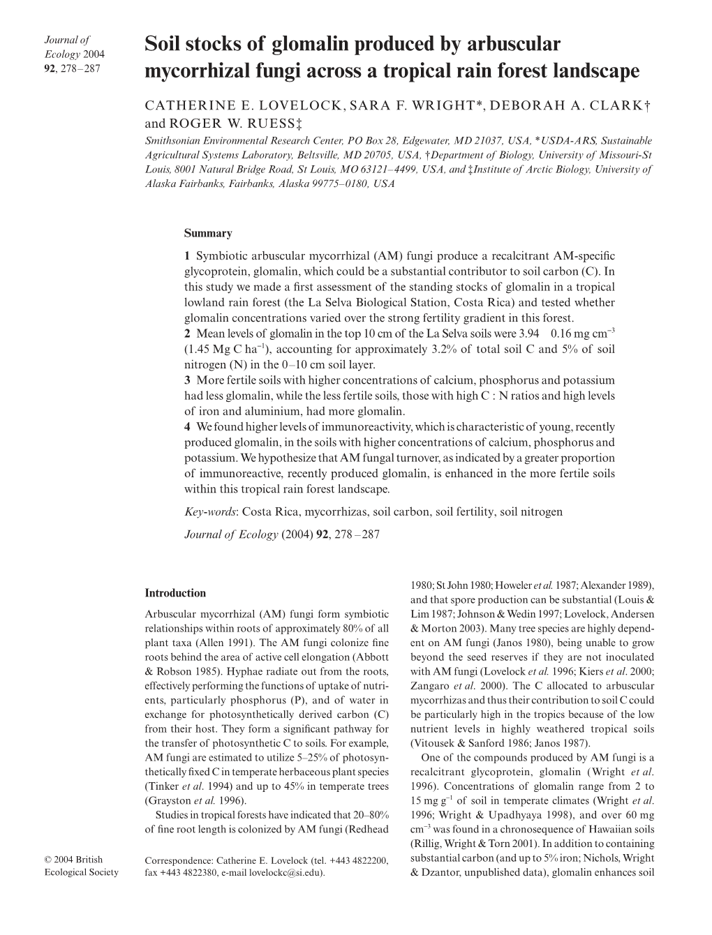 Soil Stocks of Glomalin Produced by Arbuscular Mycorrhizal Fungi Across