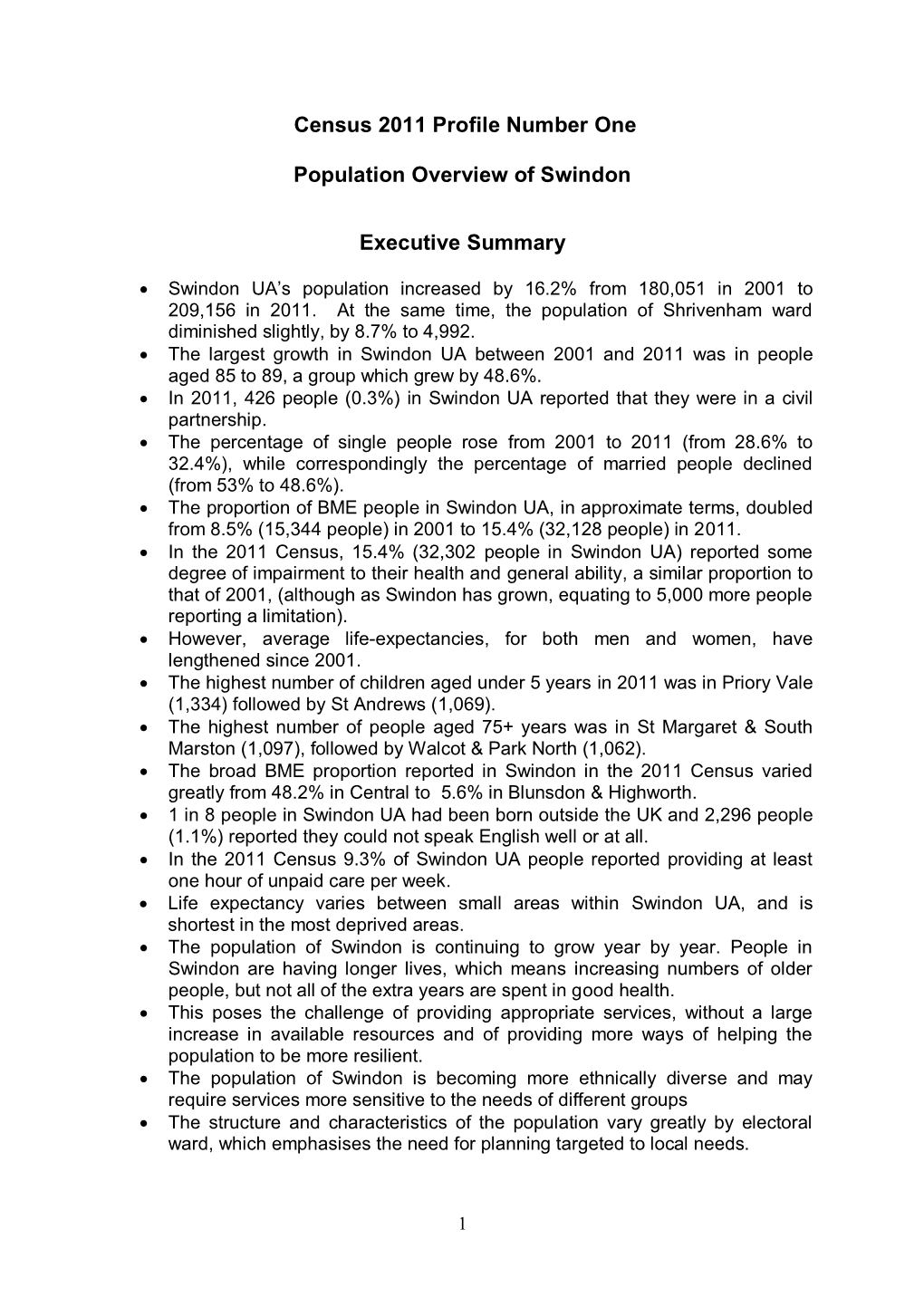 Census 2011 Profile Number One Population Overview of Swindon