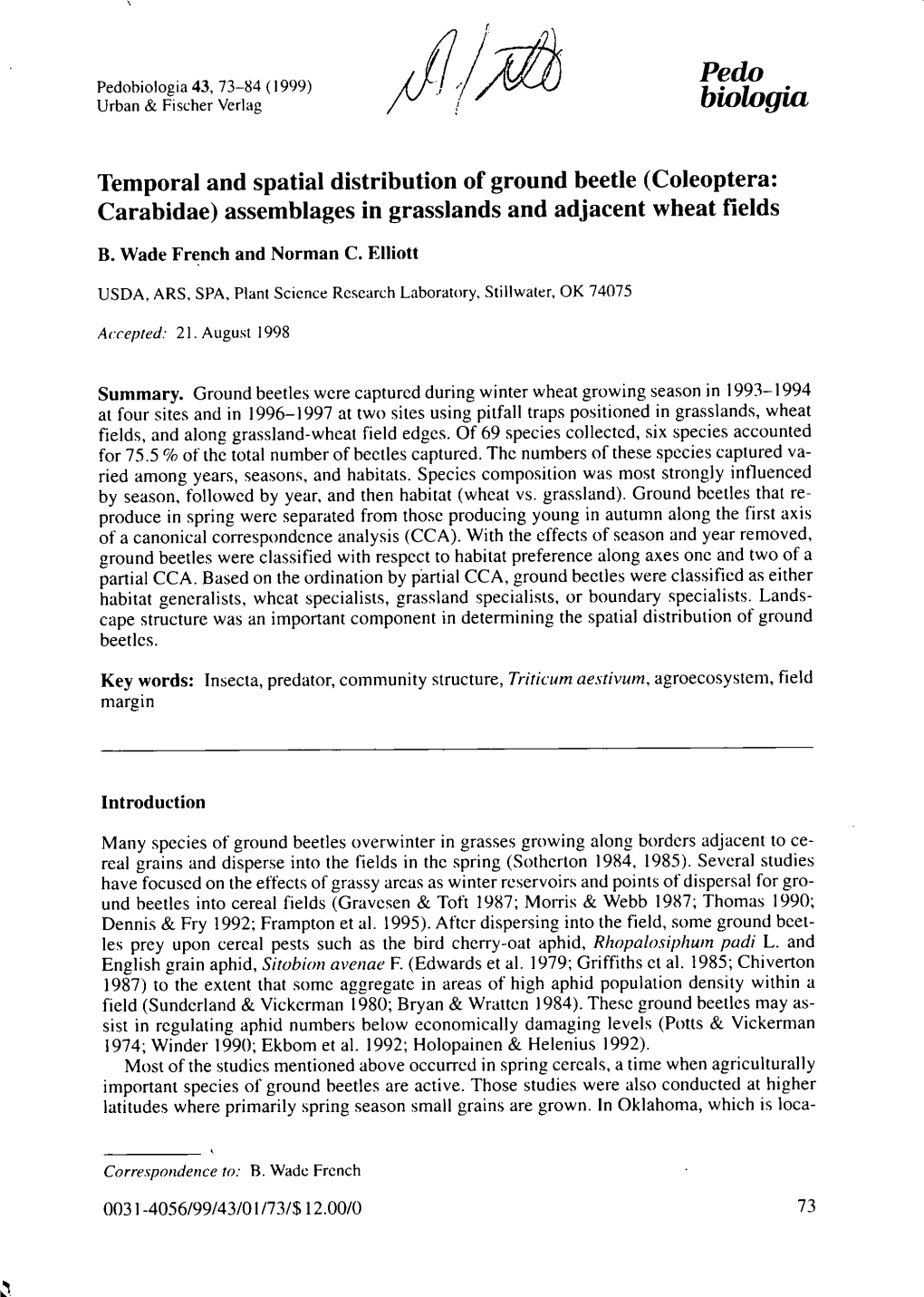 Temporal and Spatial Distribution of Ground Beetle (Coleoptera: Carabidae) Assemblages in Grasslands and Adjacent Wheat Fields