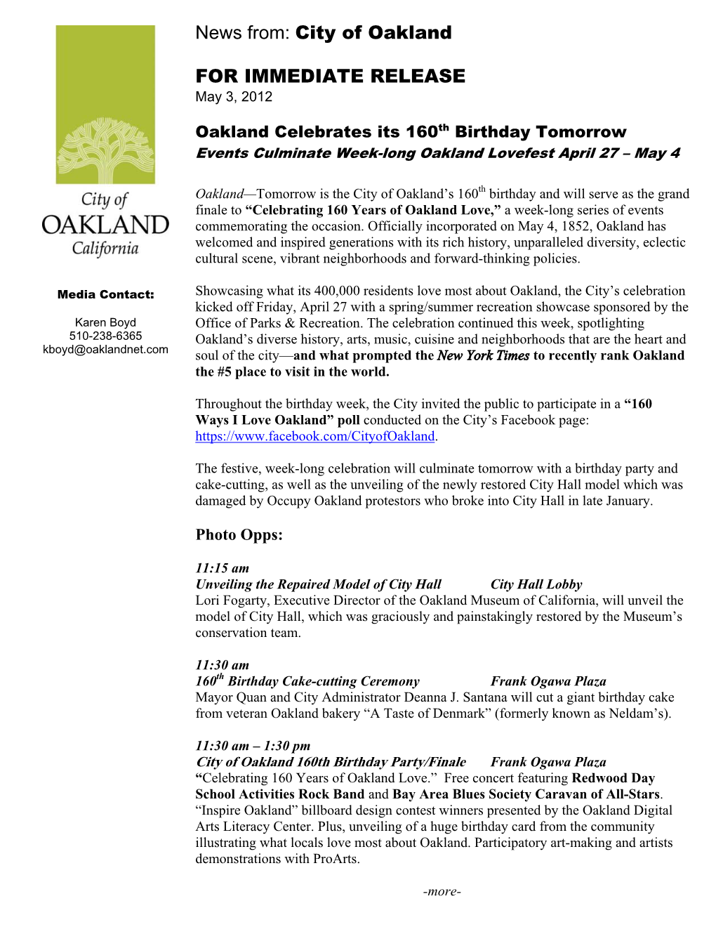 News From: City of Oakland for IMMEDIATE RELEASE