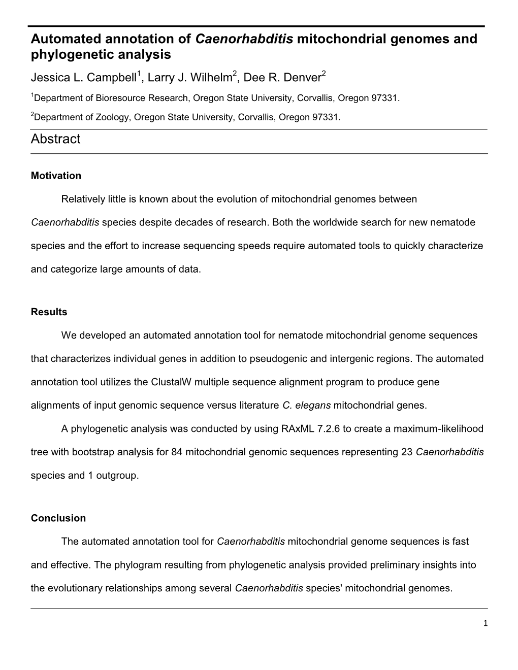 Automated Annotation of Caenorhabditis Mitochondrial Genomes and Phylogenetic Analysis Jessica L