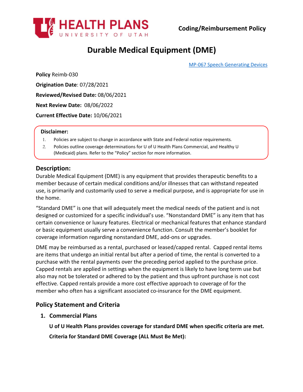 Durable Medical Equipment (DME)