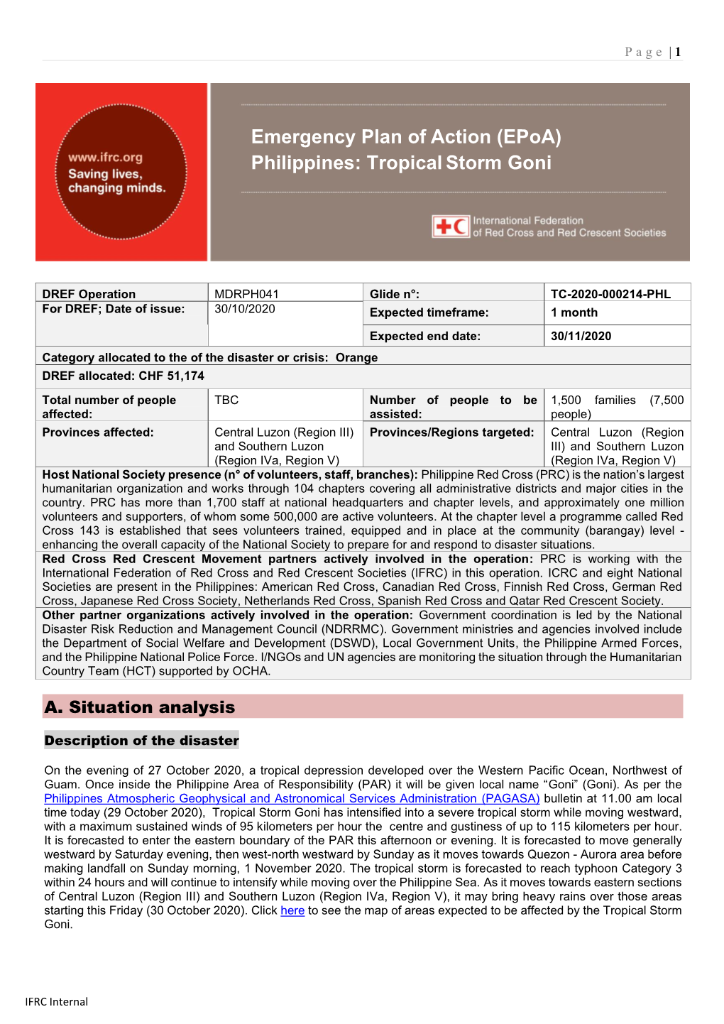 Emergency Plan of Action (Epoa) Philippines: Tropicalstorm Goni