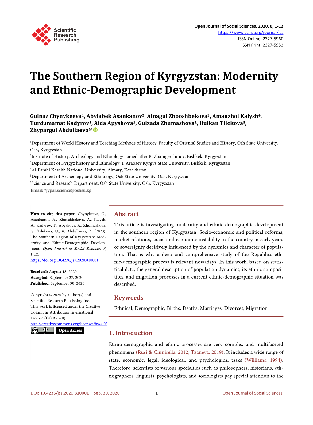 The Southern Region of Kyrgyzstan: Modernity and Ethnic-Demographic Development