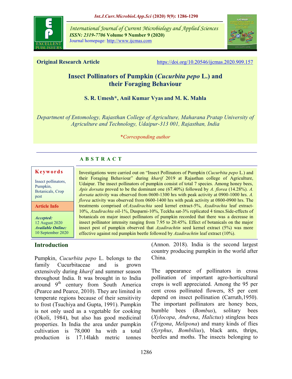 Insect Pollinators of Pumpkin (Cucurbita Pepo L.) and Their Foraging Behaviour