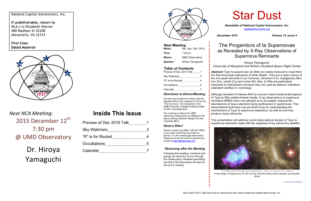 Star Dust If Undeliverable, Return to NCA C/O Elizabeth Warner Newsletter of National Capital Astronomers, Inc