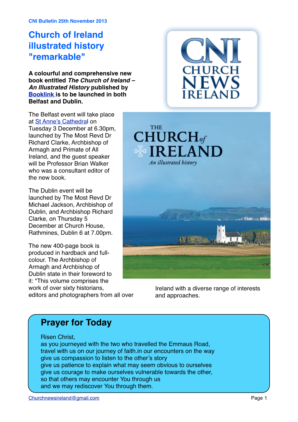 CNI Bulletin 25Th November 2013 Church of Ireland Illustrated History "Remarkable"