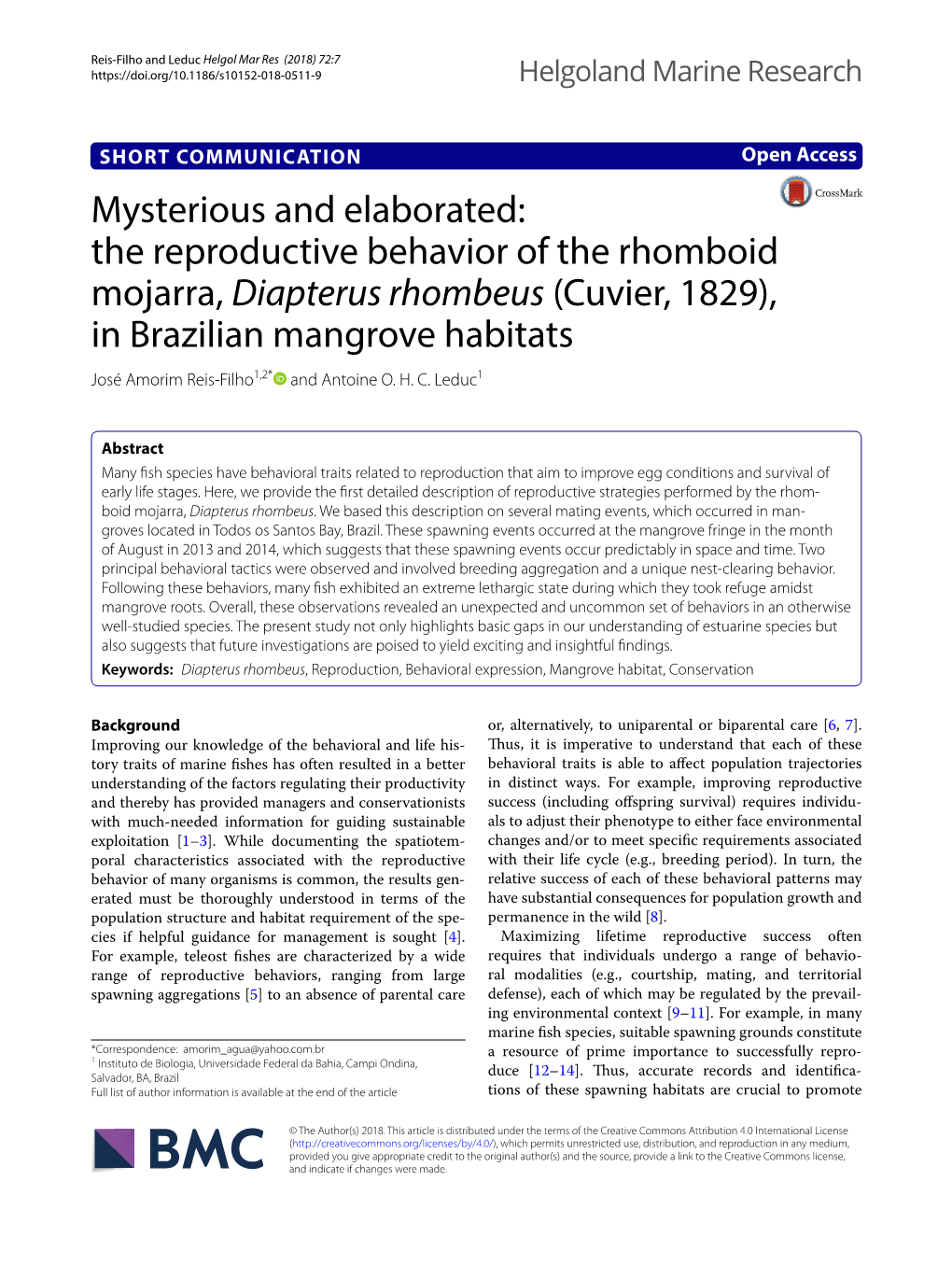 The Reproductive Behavior of the Rhomboid Mojarra, Diapterus Rhombeus (Cuvier, 1829), in Brazilian Mangrove Habitats José Amorim Reis‑Filho1,2* and Antoine O