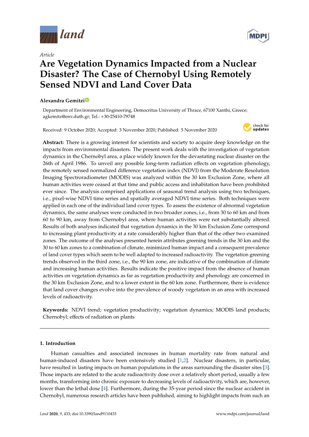 Are Vegetation Dynamics Impacted from a Nuclear Disaster? the Case of Chernobyl Using Remotely Sensed NDVI and Land Cover Data