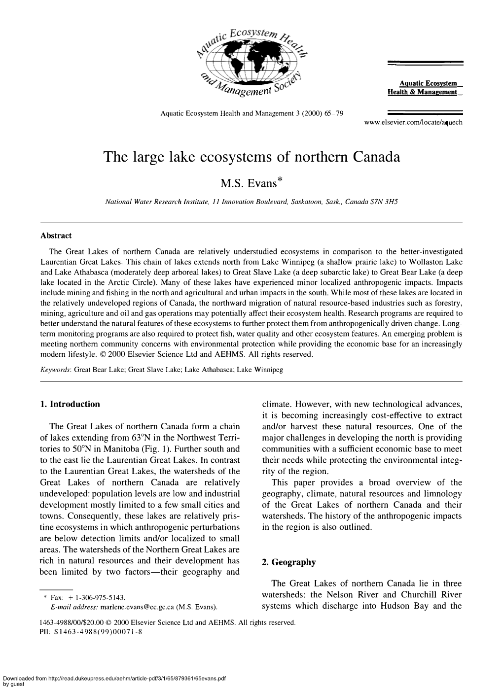 The Large Lake Ecosystems of Northern Canada M.S