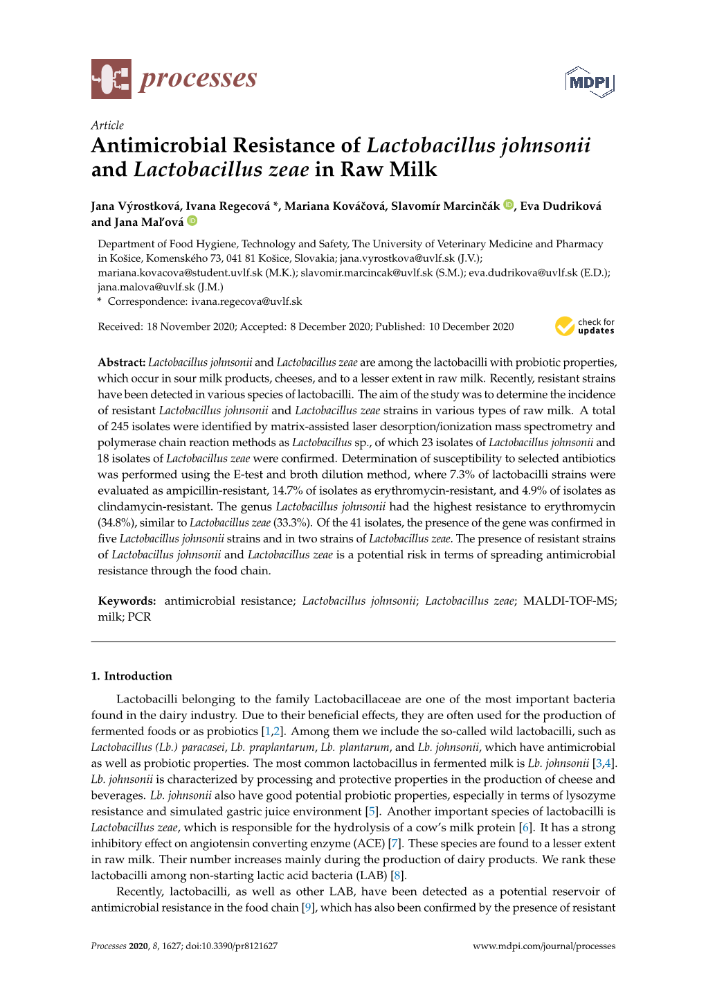 Antimicrobial Resistance of Lactobacillus Johnsonii and Lactobacillus Zeae in Raw Milk