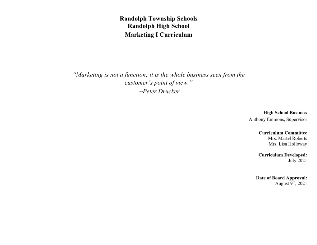 Randolph Township Schools Randolph High School Marketing I Curriculum