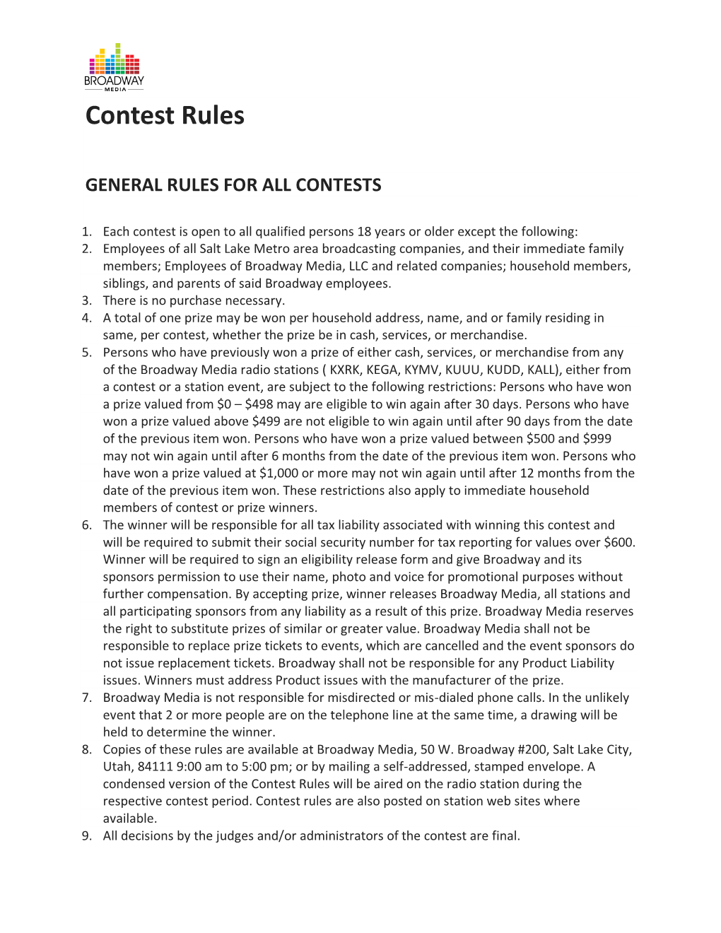 Broadway Media's General Contest Rules