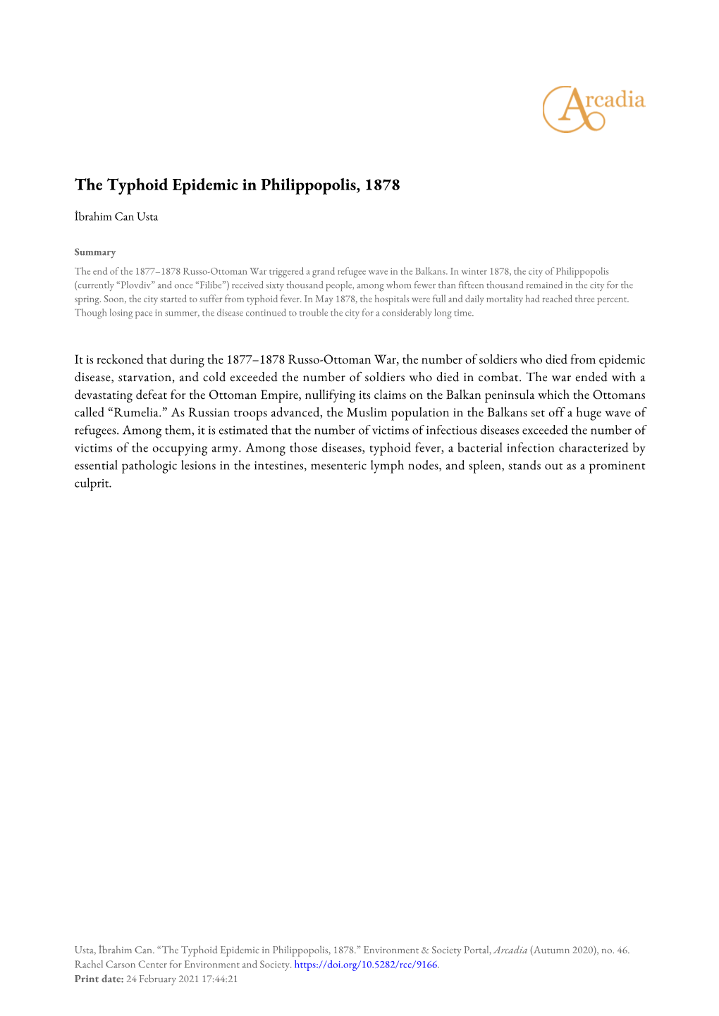 The Typhoid Epidemic in Philippopolis, 1878