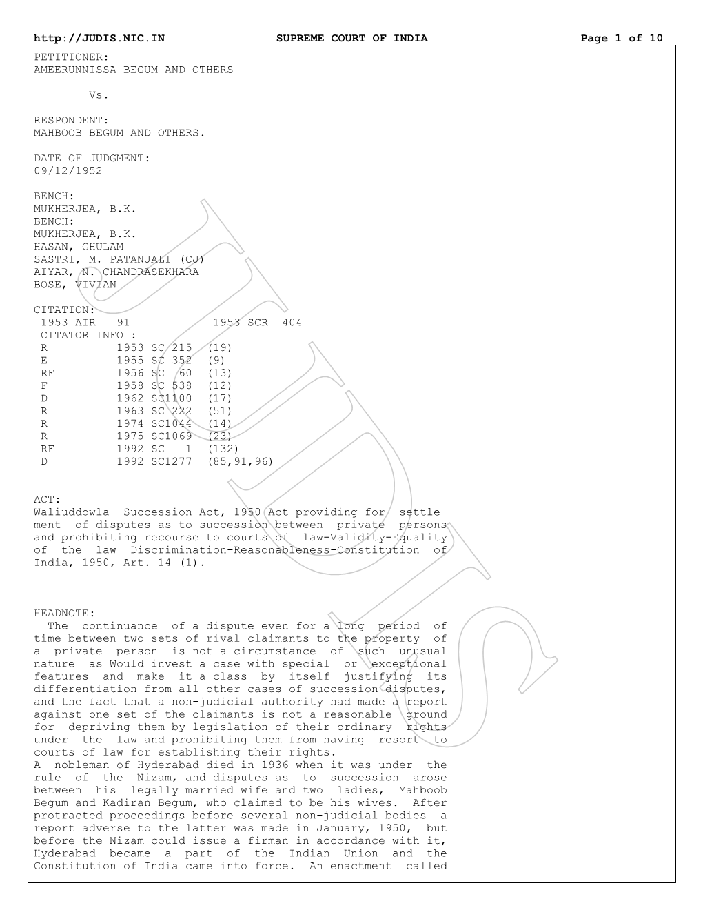 SUPREME COURT of INDIA Page 1 of 10 PETITIONER: AMEERUNNISSA BEGUM and OTHERS Vs. RESPONDENT: MAHBOOB BEGUM